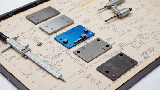 Laser cutting support tools including measuring devices and positioning aids, arranged on workbench