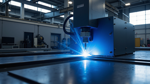 Industrial laser cutting machine with metal frame, modern design, blue accents, professional lighting