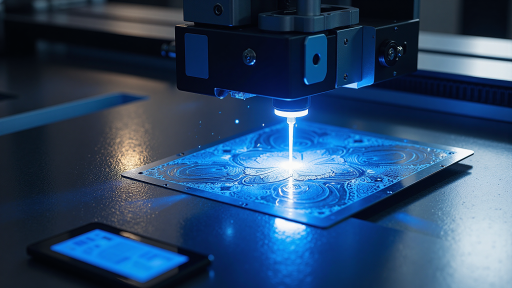 Compact laser cutting device with control panel, silver metallic finish, blue operational lights